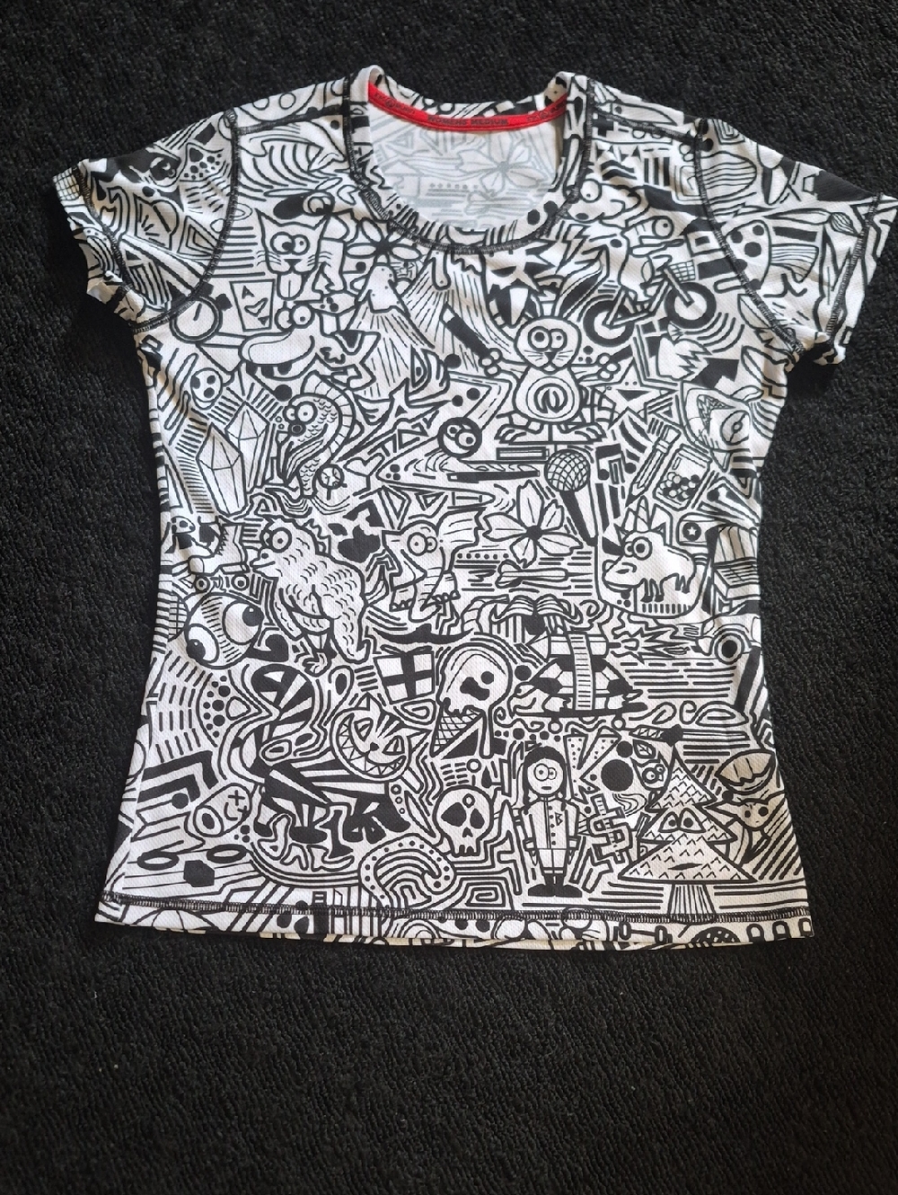 InknBurn White Short Sleeve Tee with Black Doodle Print and Red Neck Trim